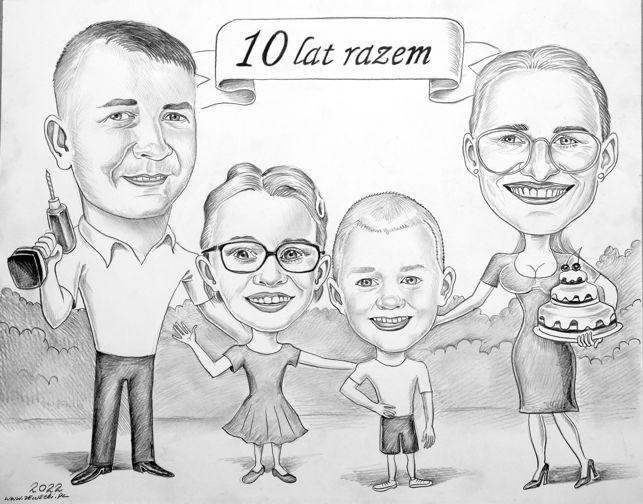 karykatura rodzinna na 10 rocznic lubu
